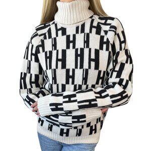 HERMES Vintage H Monogram Logo Turtleneck Sweater Top #S Cream Black [104055]